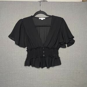 Favlux Fashion Babydoll Top Smocked Waist Flutter Sleeve Sz M Boho Romantic